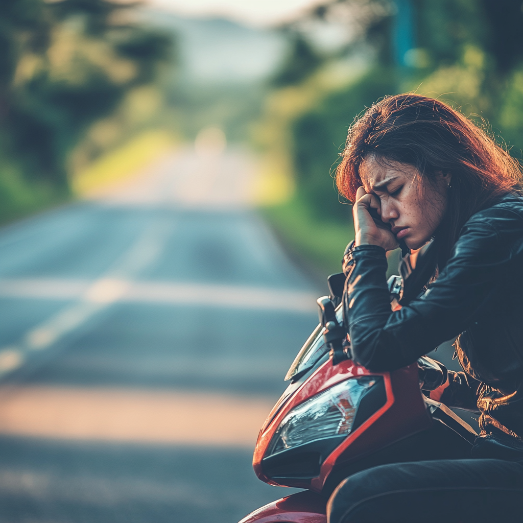 Person on motorcycle, considering physical state, seeking assistance.