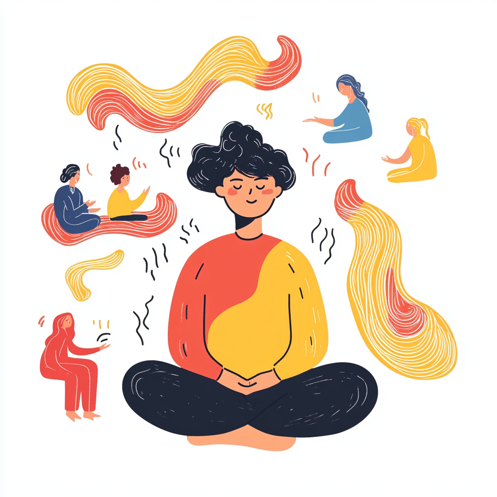 Person practicing mindfulness with colorful waves and supportive figures.