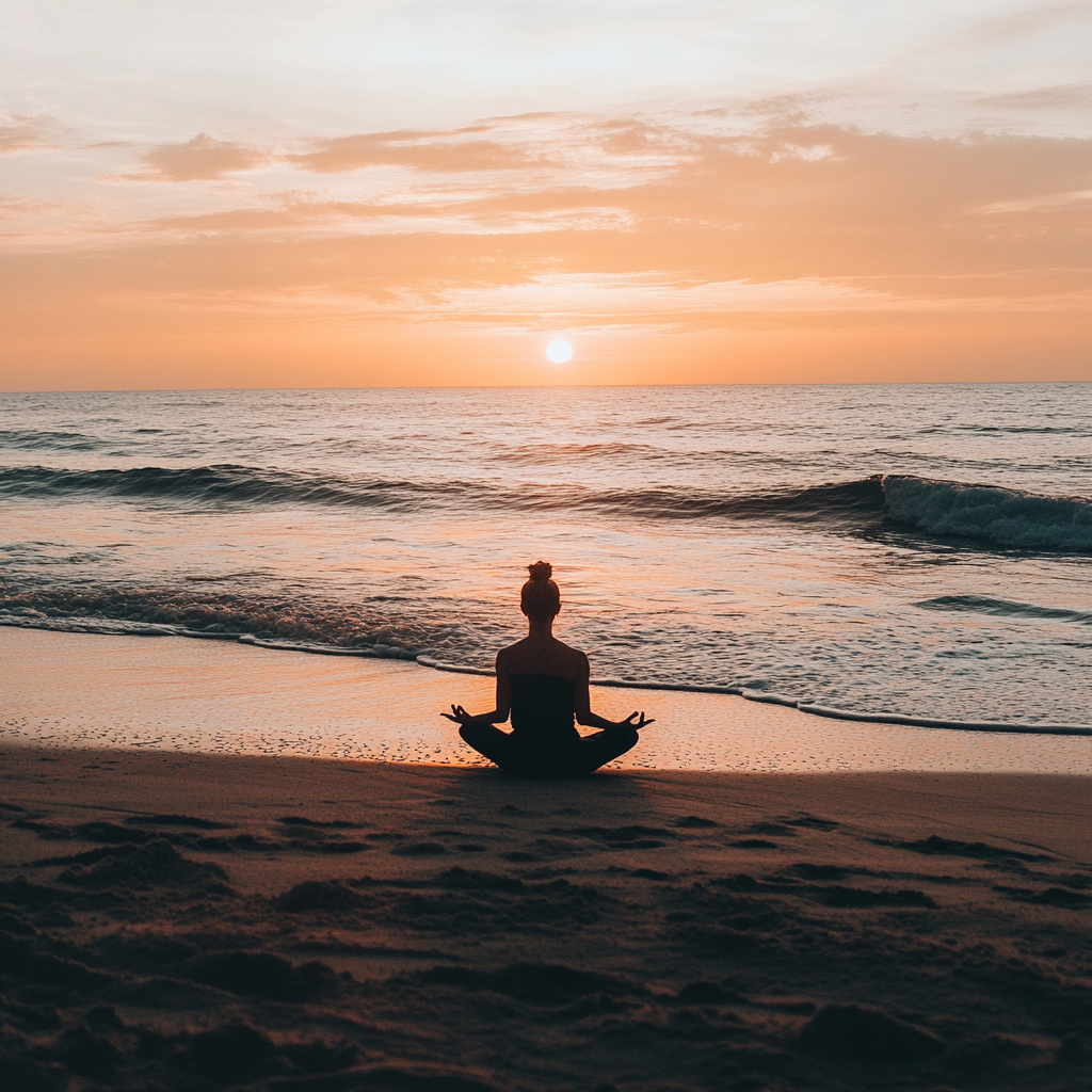 Person practicing yoga on serene beach at sunset.