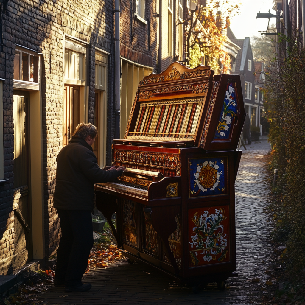 Person pulls colorful organ onto sunny Dutch street.