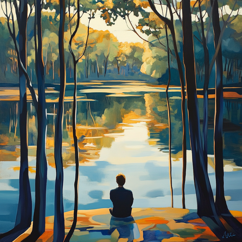 Person relaxes by lake, surrounded by trees and sunlight.