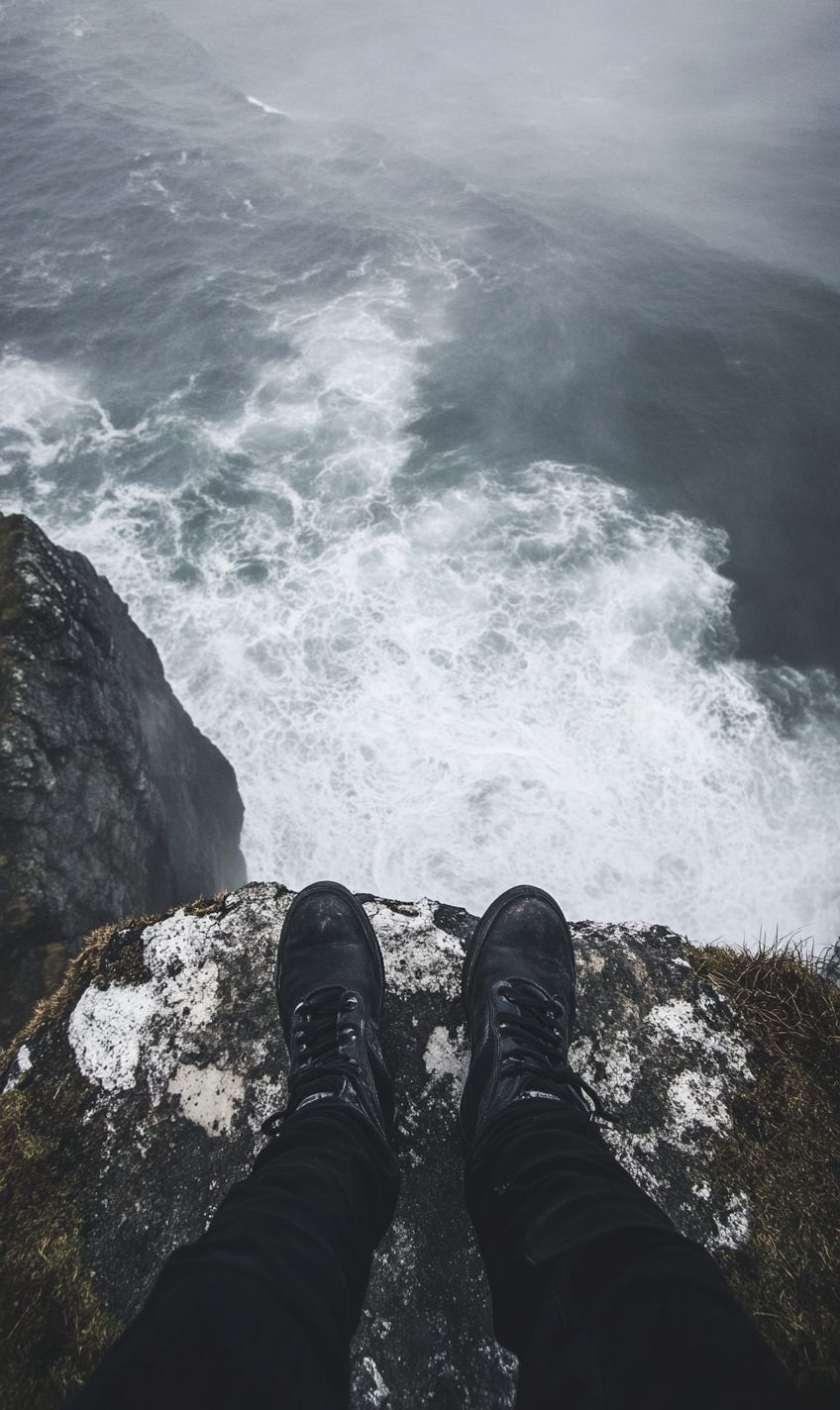 Person scared on cliff looking at camera, spooky setting.