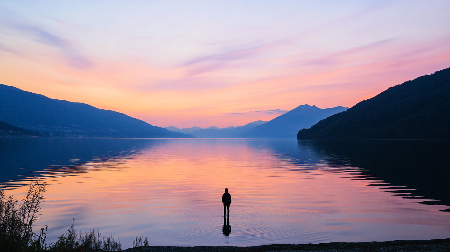 Person silhouetted against glowing lake at magic hour.