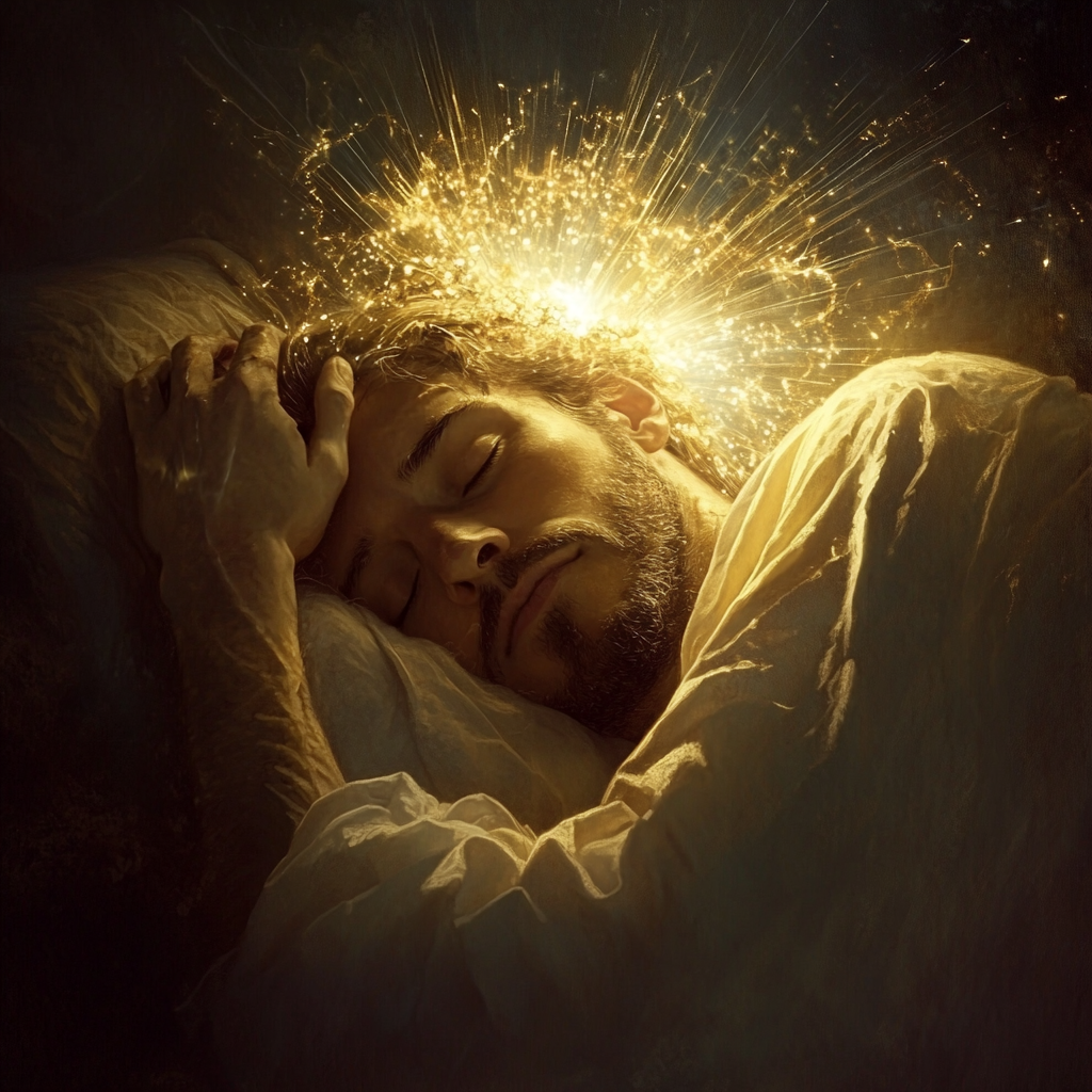 Person sleeping with bright light, God watching closely.