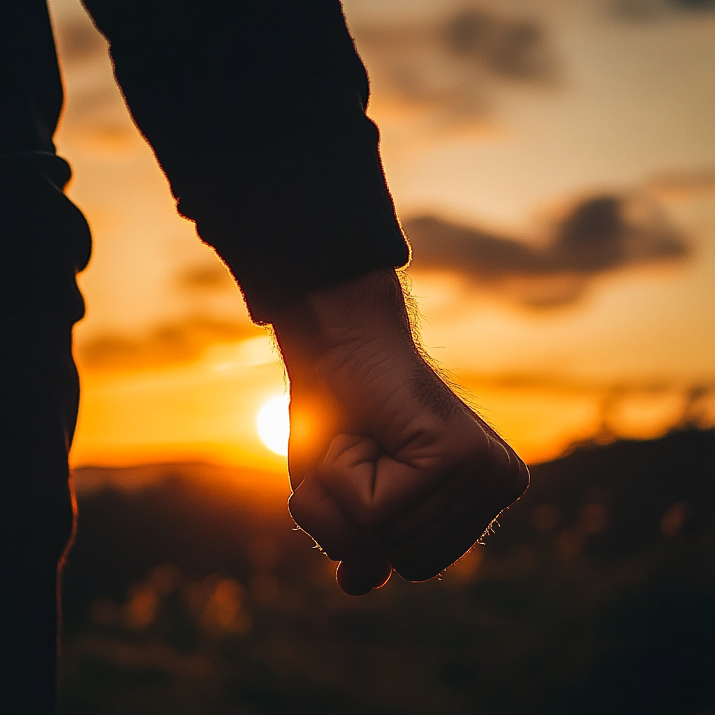 Person standing alone at dawn, clenched fist symbolizes determination.