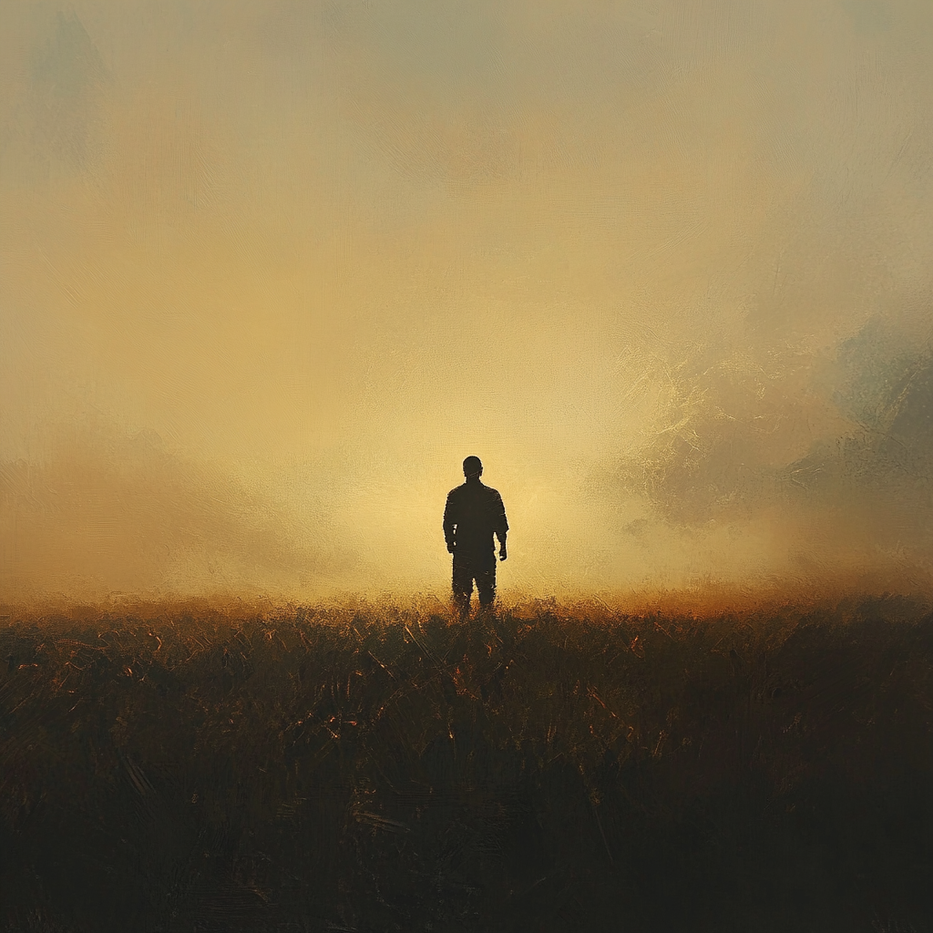 Person stands alone in field at dawn, strong.