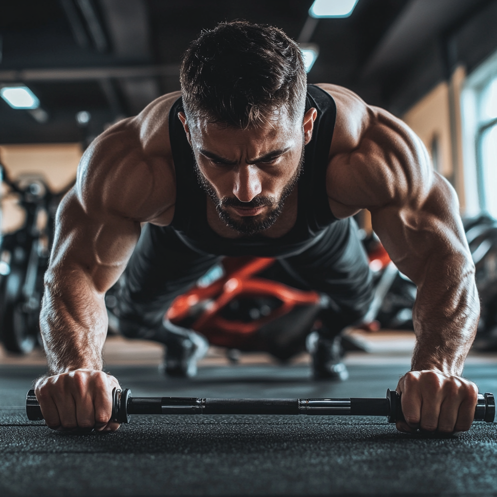 Person strength exercises at gym with motorcycle in background.