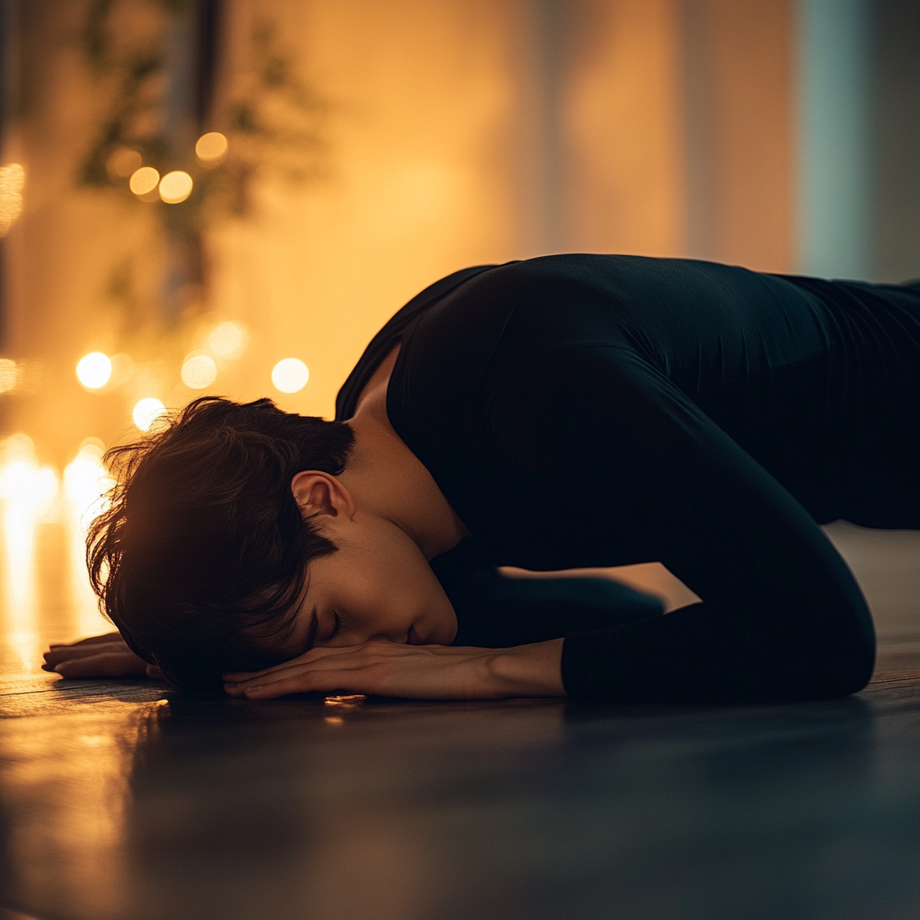 Person stretching in quiet studio with soft lighting.