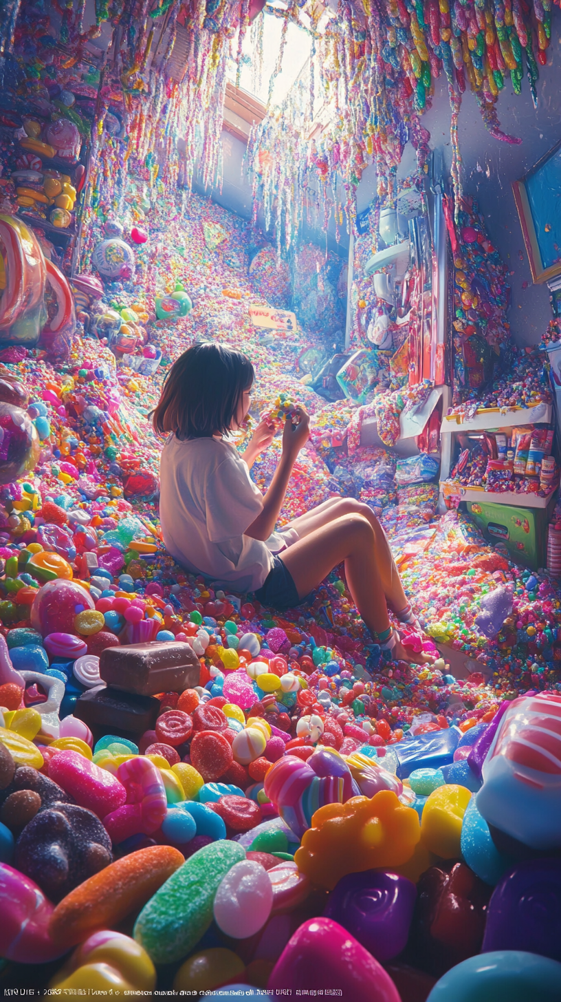 Person surrounded by candy, eating happily in candy-filled room.