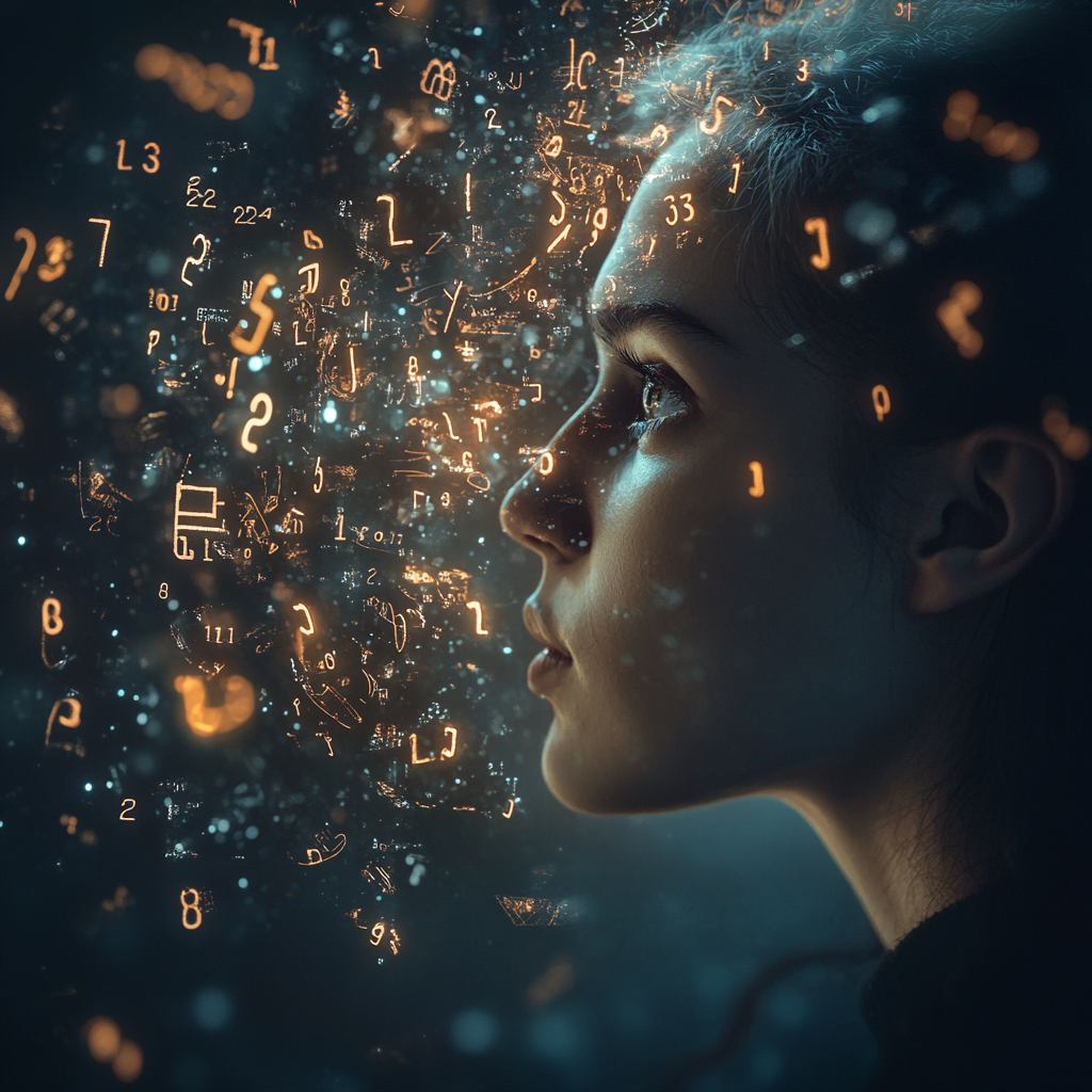 Person surrounded by glowing math symbols lost in thought.