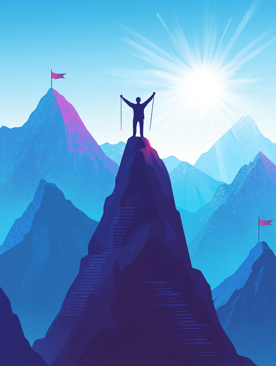 Person triumphantly stands on mountain peak under clear sky.