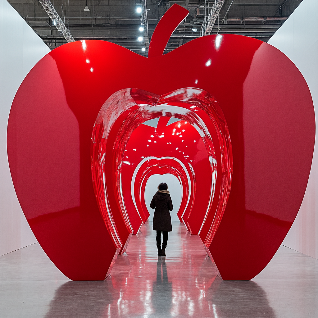 Person walking through shiny red apple room.