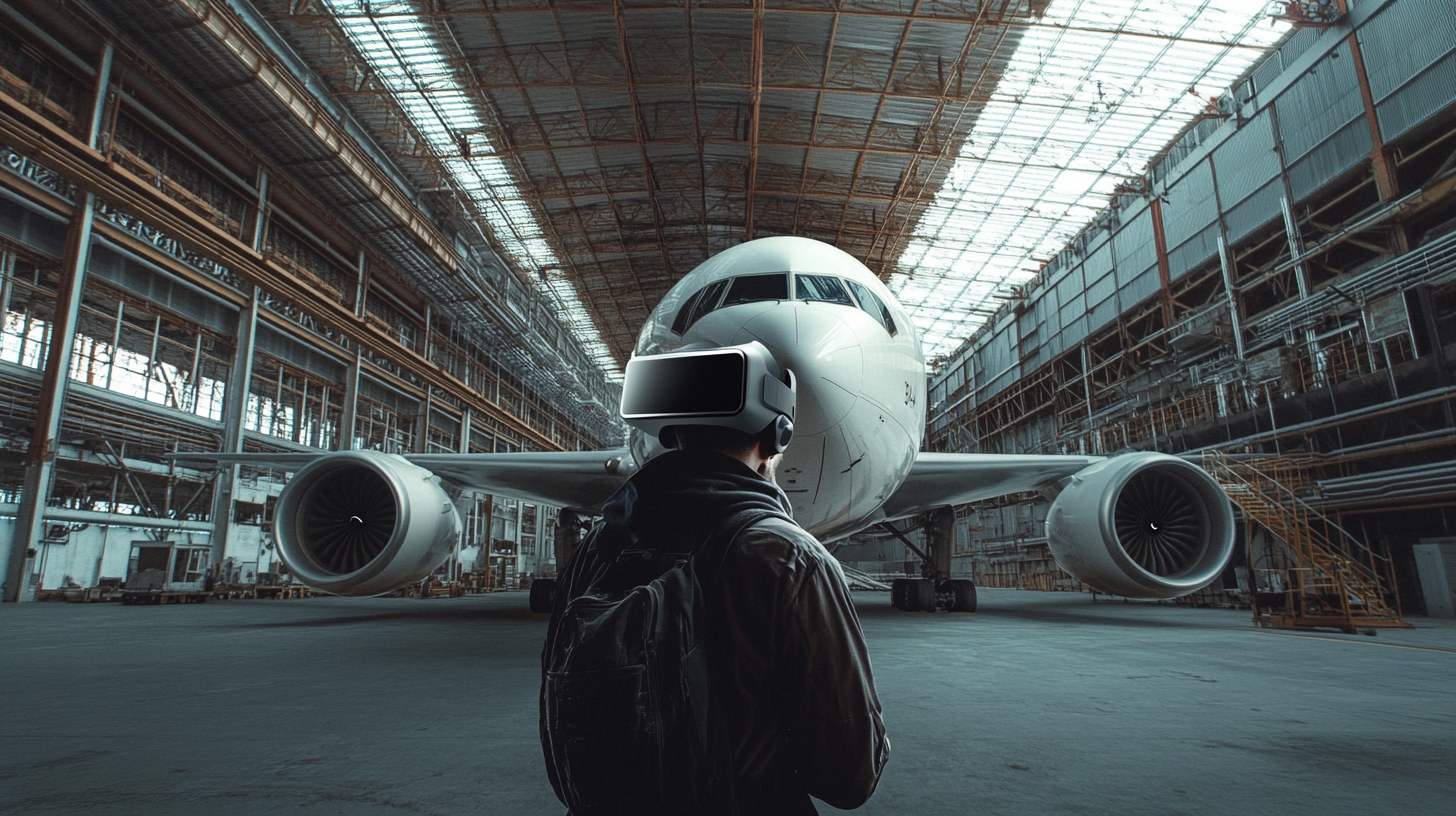 Person wearing VR goggles in warehouse with luxury Boeing 777 interior projection.