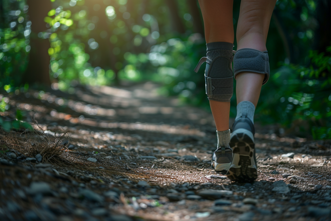 Person with knee brace walking cautiously outdoors.