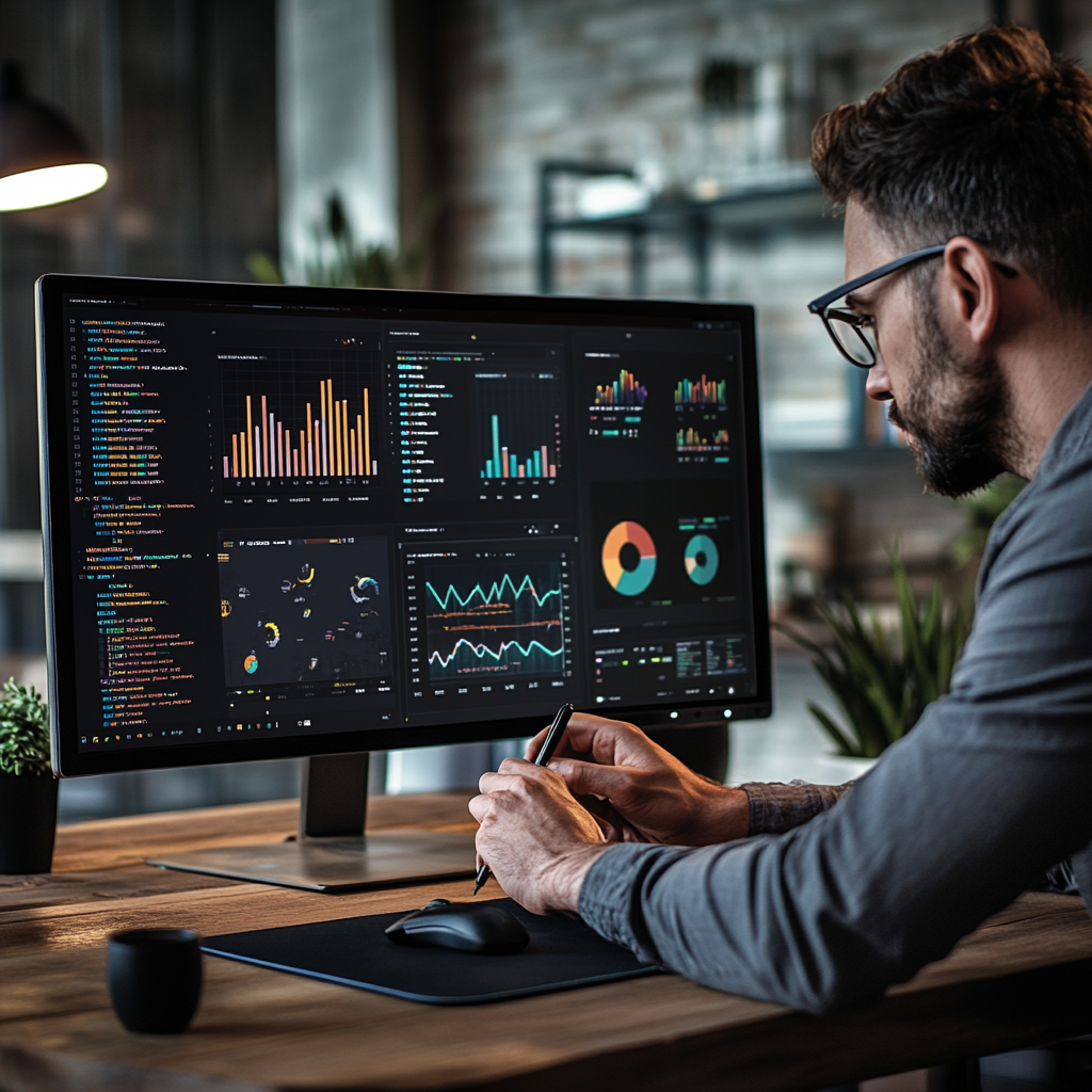 Person writing code on computer screen with graphs, charts