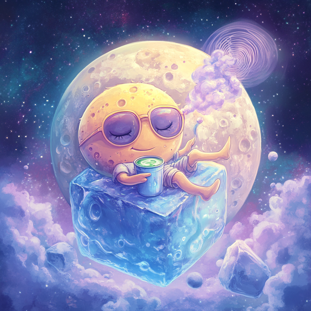 Personified moon character with sunglasses on ice cube in space 