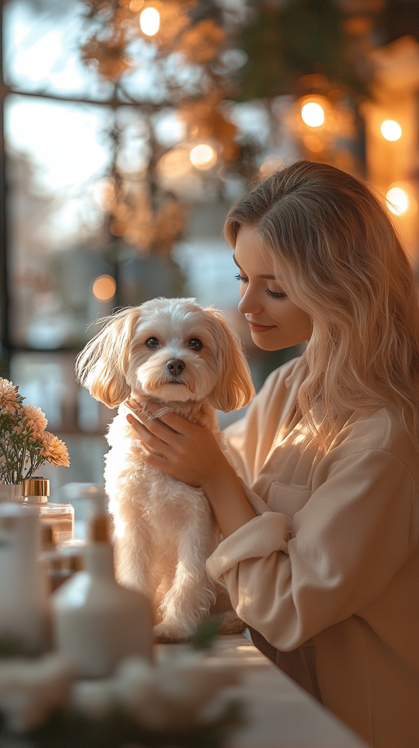 Pet Shop Owner Grooming Show Dog in Luxury Boutique