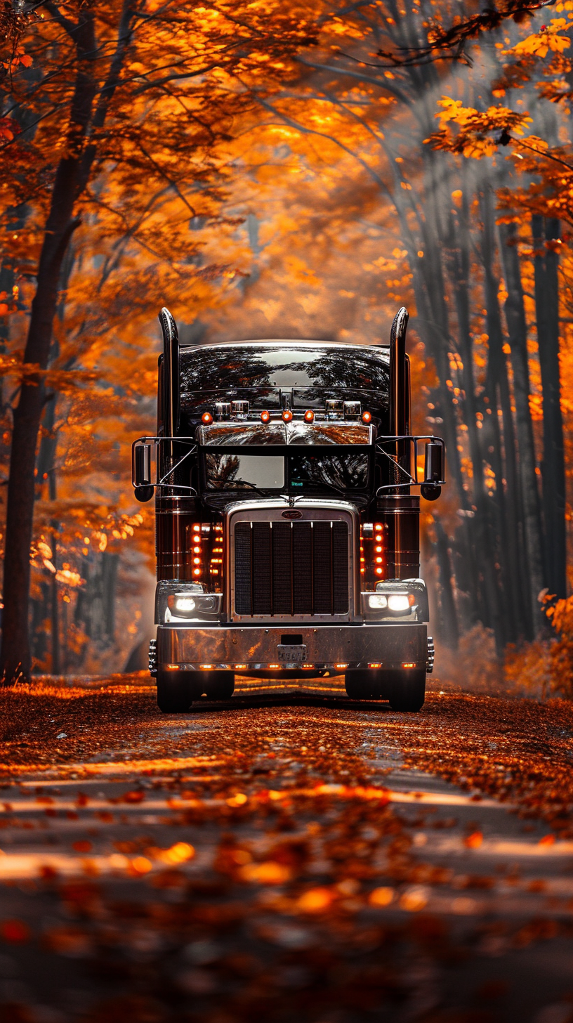 Peterbilt 389 Custom Truck Black Wheels Orange Autumn Road