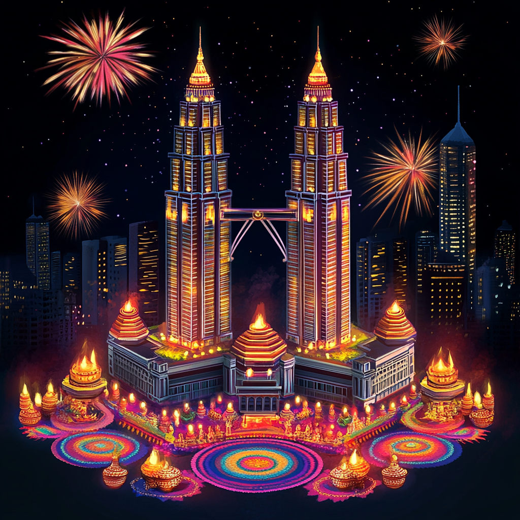 Petronas Twin Towers in Kuala Lumpur lit up for deepavali