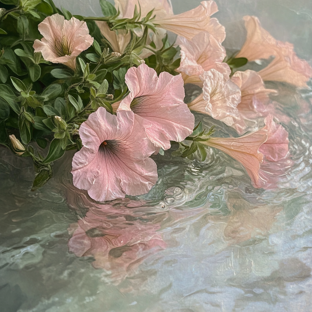 Petunia Bouquet with Withered Flowers Reflection in Water