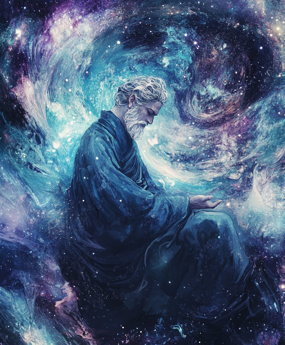 Philosopher Pirsig as cosmic Buddha in swirling galaxy.