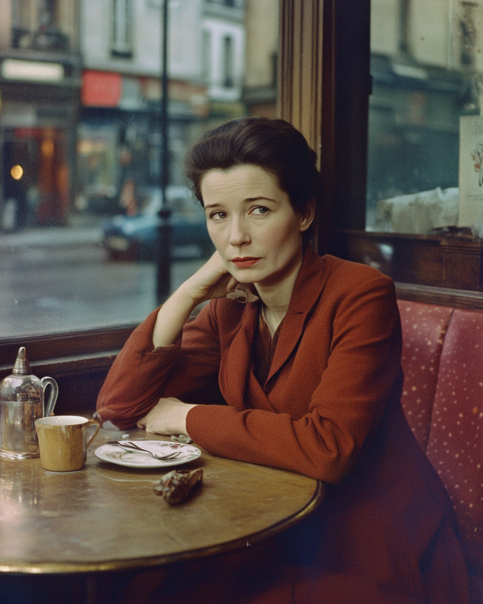 Philosopher Simone de Beauvoir in Parisian café, deep in thought.