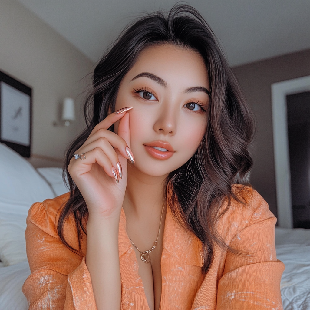 Photo of Asian woman with new chrome peach nails.