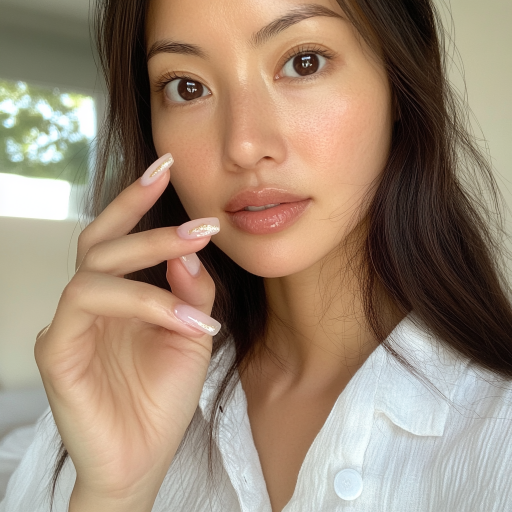 Photo of Asian woman with new pink nails, gold lines.