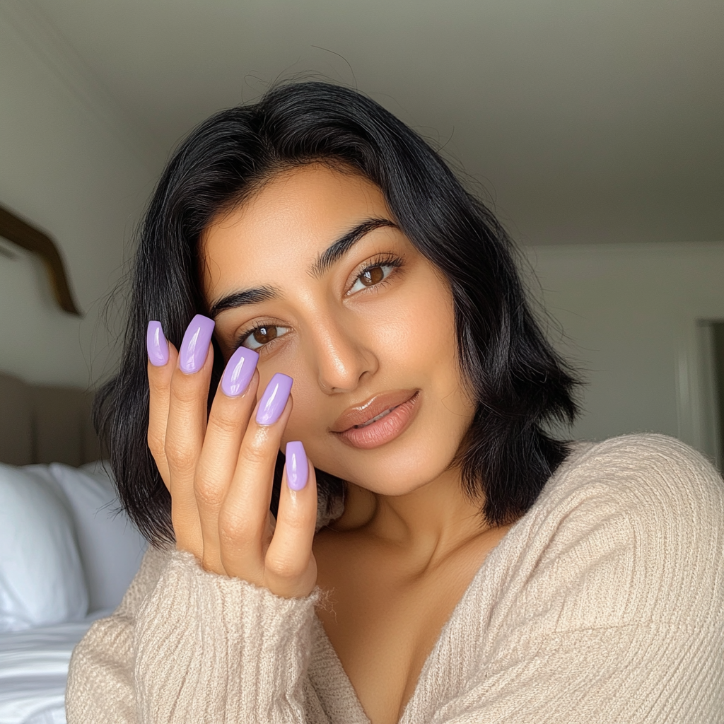 Photo of Indian woman showing glossy lavender nails.