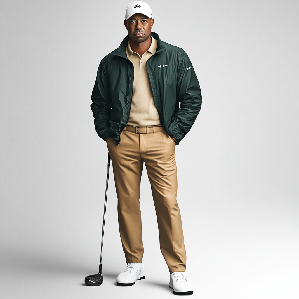 Photo of Tiger Woods in green and tan luxury sportswear, white background, no logos.