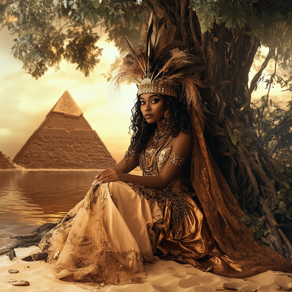 Photo of brown-skinned woman in Arabian dress by tree.