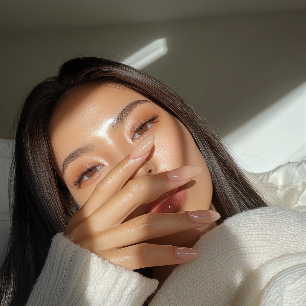 Photo of candid Asian woman showing glossy peach nails.