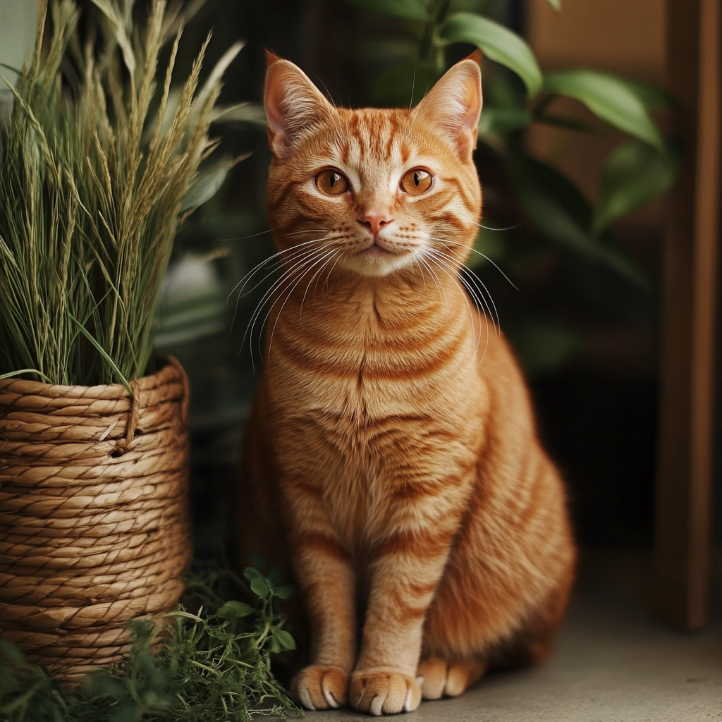 Photo of cute cat in front of home decor.