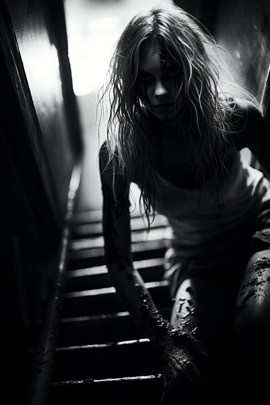 Photo of demon girl crawling down stairs.