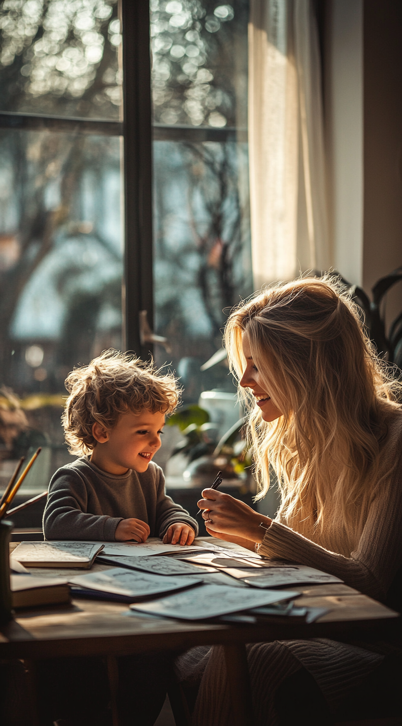 Photo of elegant woman and son at table smiling.