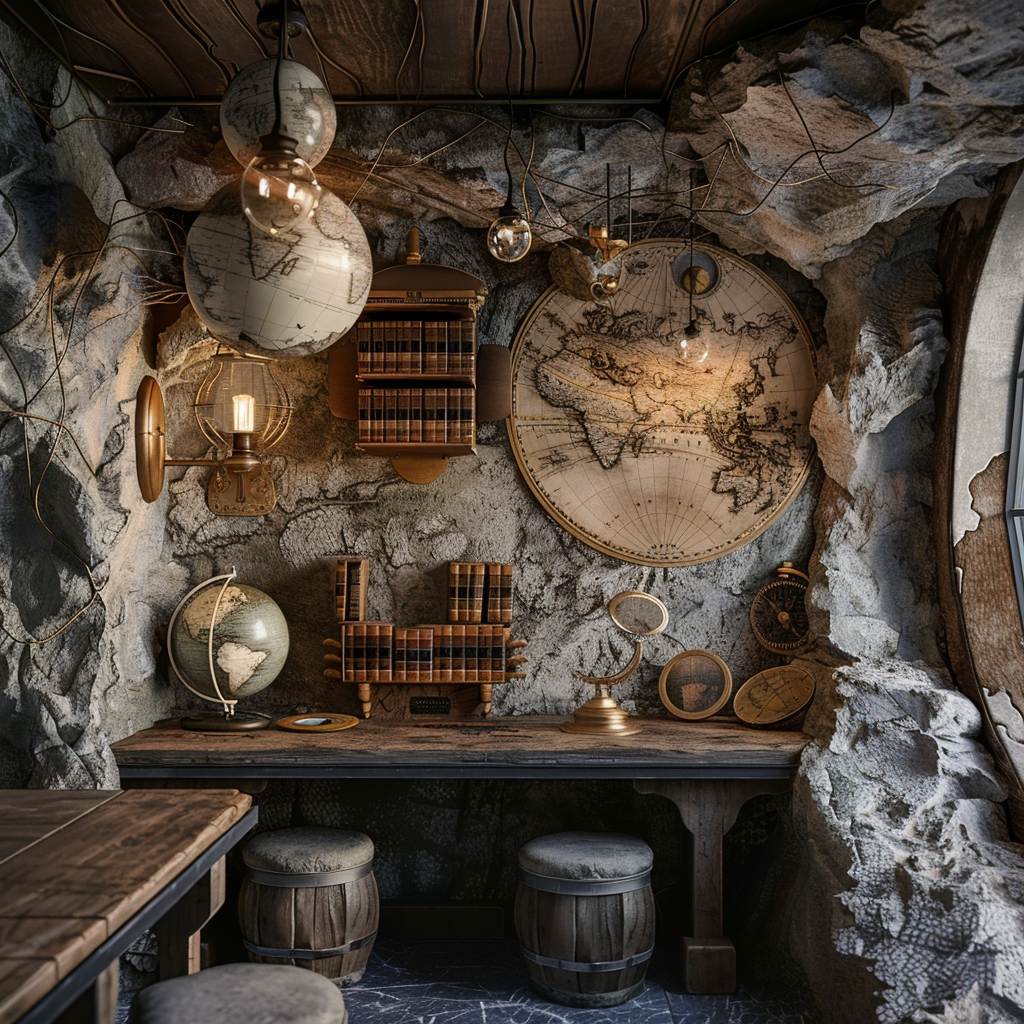 Photo of explorer's nook with globes, compasses, rocks.