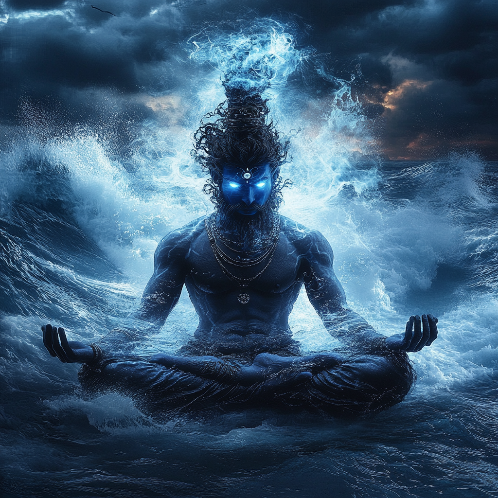 Photo of god of water, glowing blue, meditating.