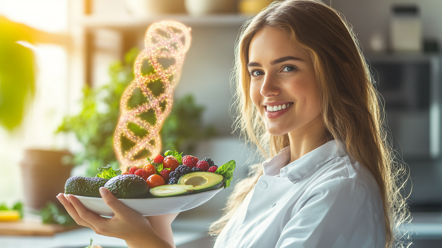 Photo of happy client with DNA and food.