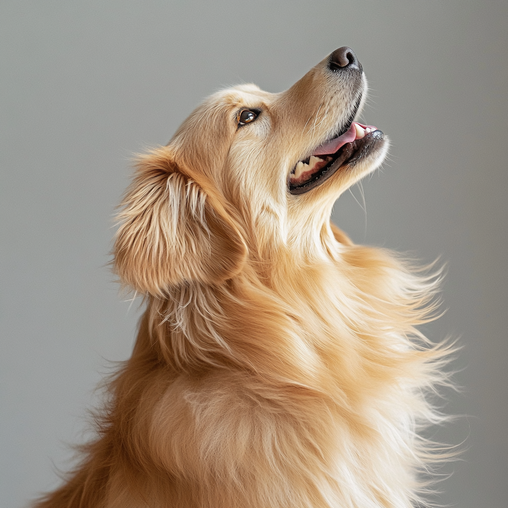 Photo of happy golden retriever with fluffy fur.