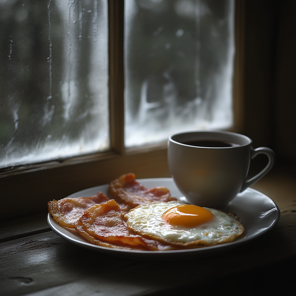 Photo of homemade breakfast with coffee by window.