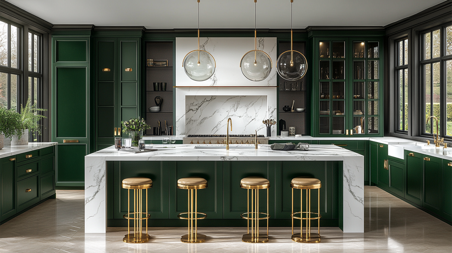 Photo of luxurious kitchen with green cabinetry and marble.