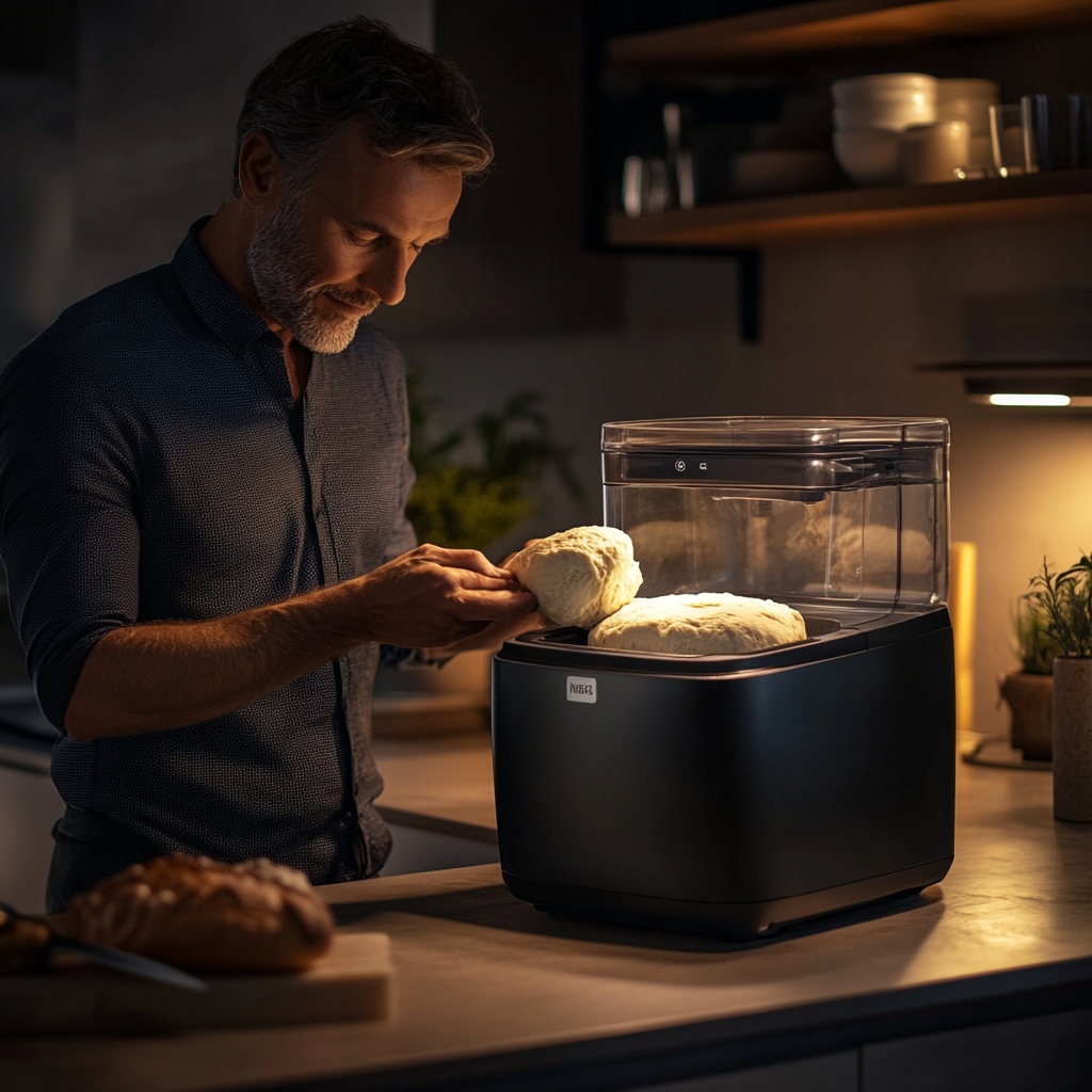 Photo of man in kitchen night, using bread machine.