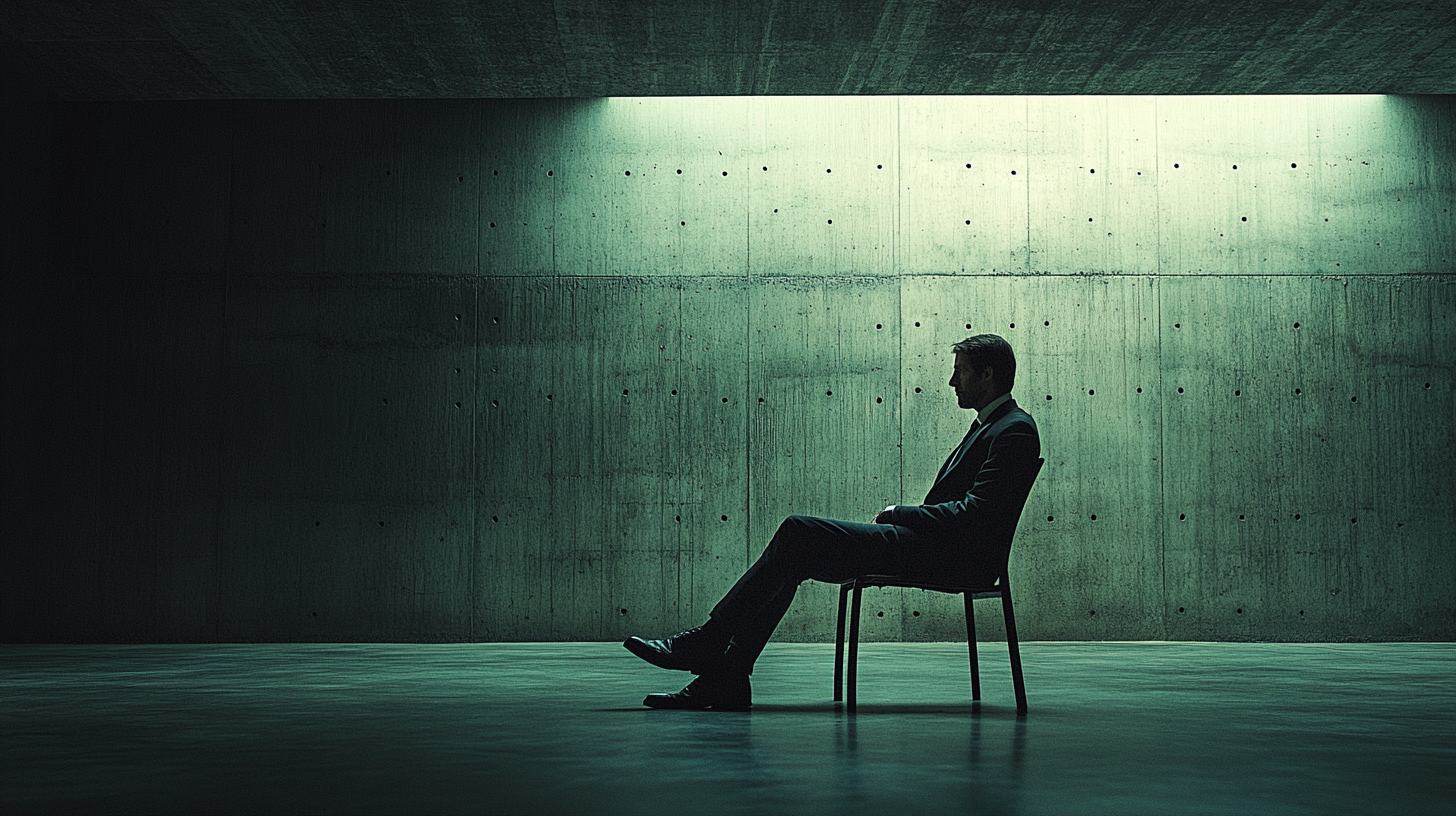 Photo of man in suit sitting in dark hall.