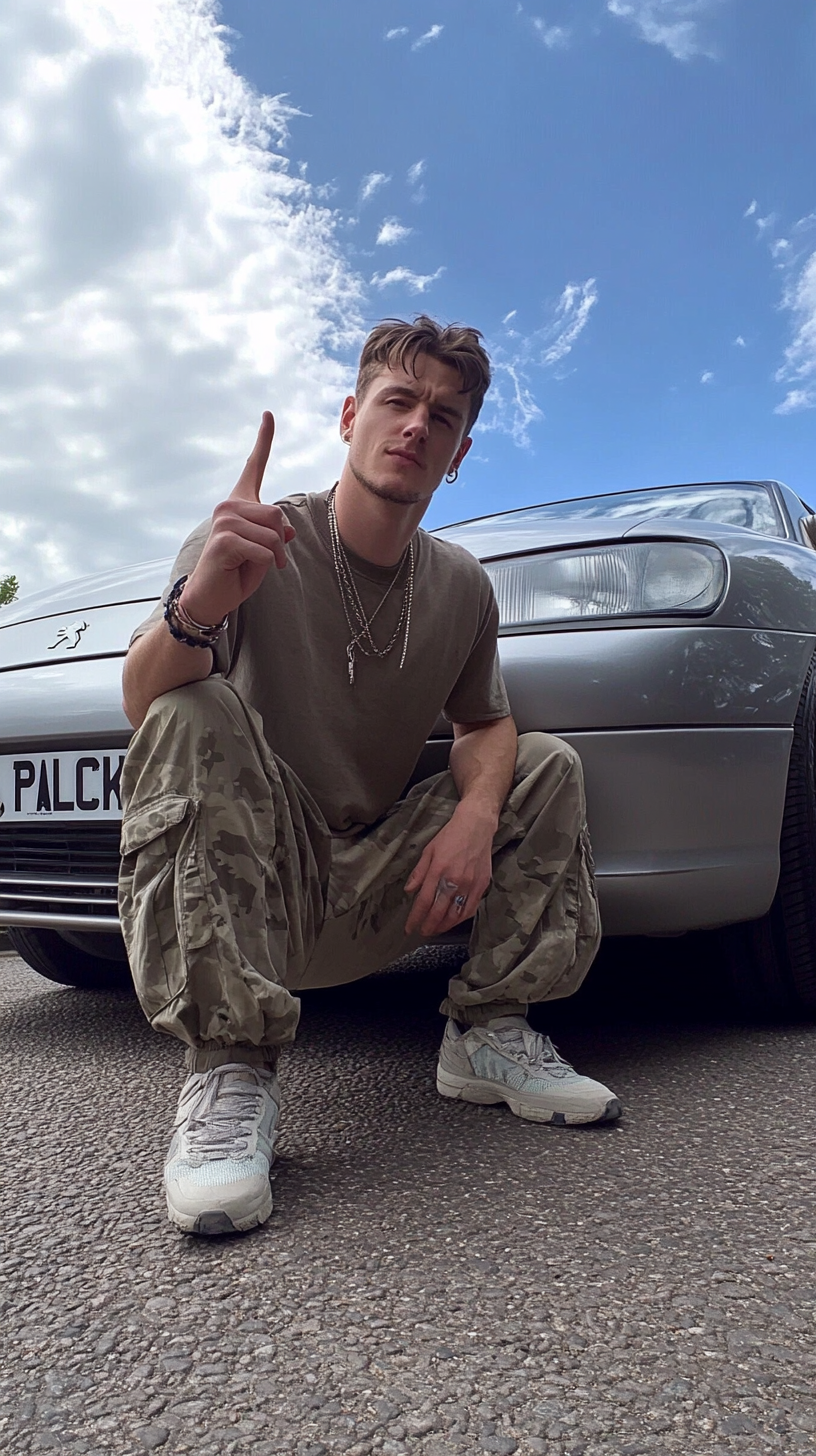 Photo of man next to car's registration plate, vibrant.