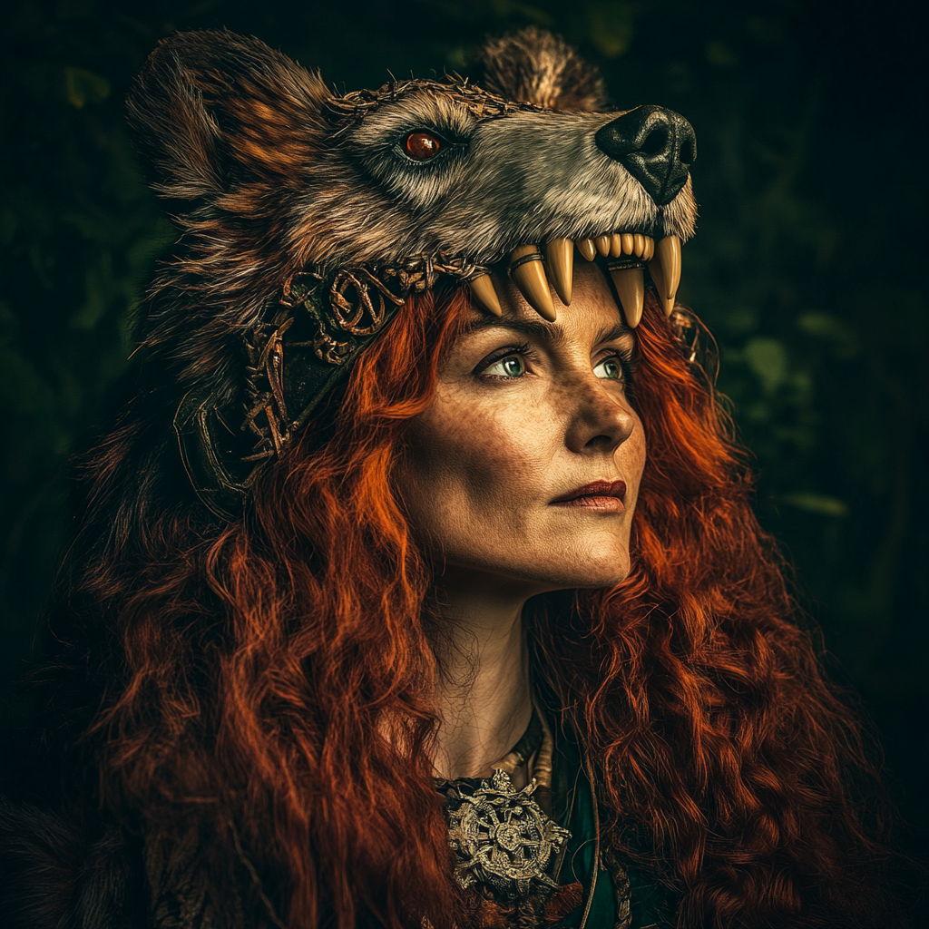 Photo of mature Celtic woman in bear headdress.