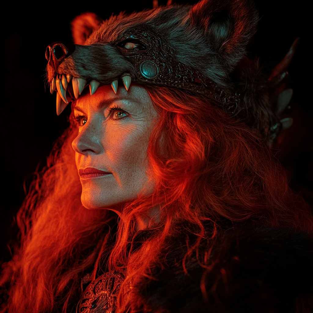 Photo of mature Celtic woman wearing bear headdress.