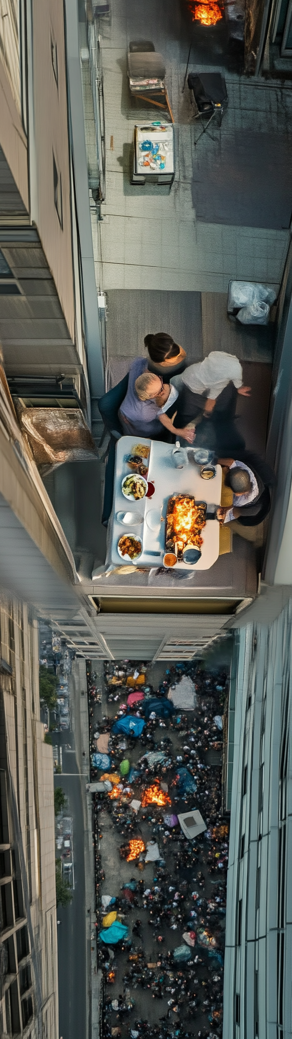 Photo of rich couple dining above poor people below.