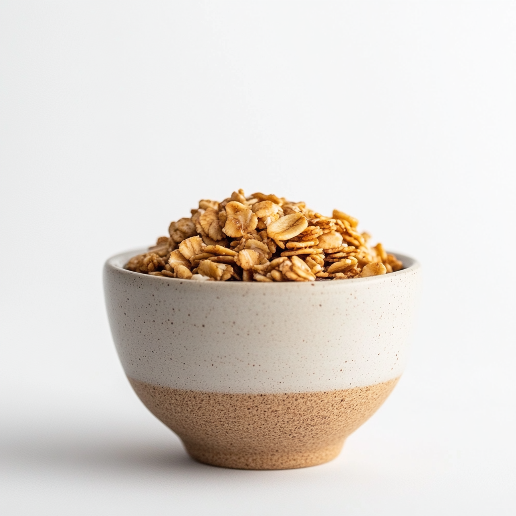 Photo of small bowl of golden granola on white background.