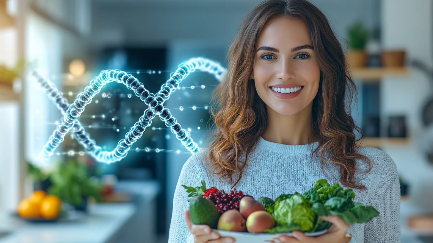 Photo of smiling Brazilian client with healthy food in modern kitchen, HD quality.