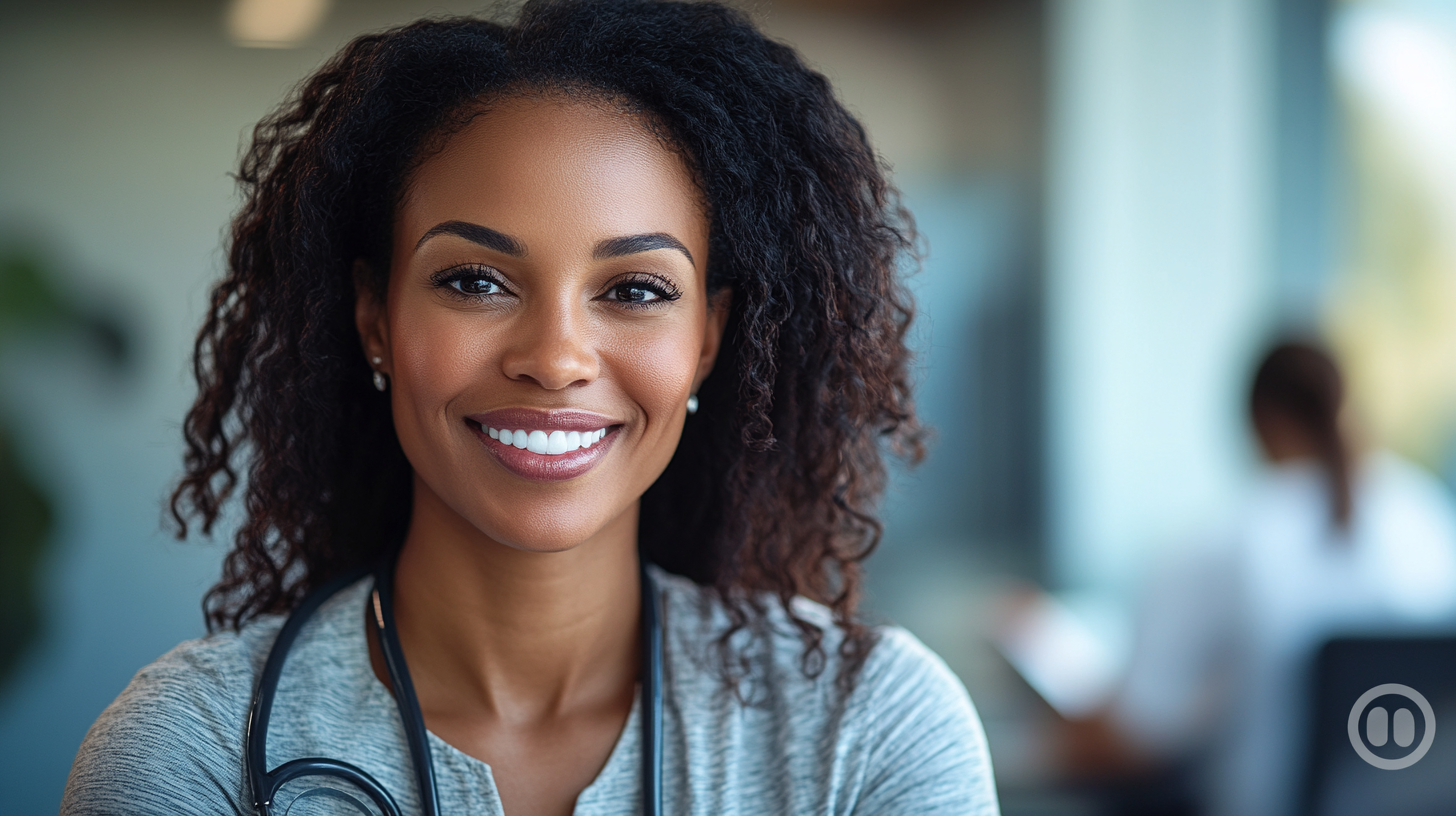 Photo of smiling black woman in doctor's office.